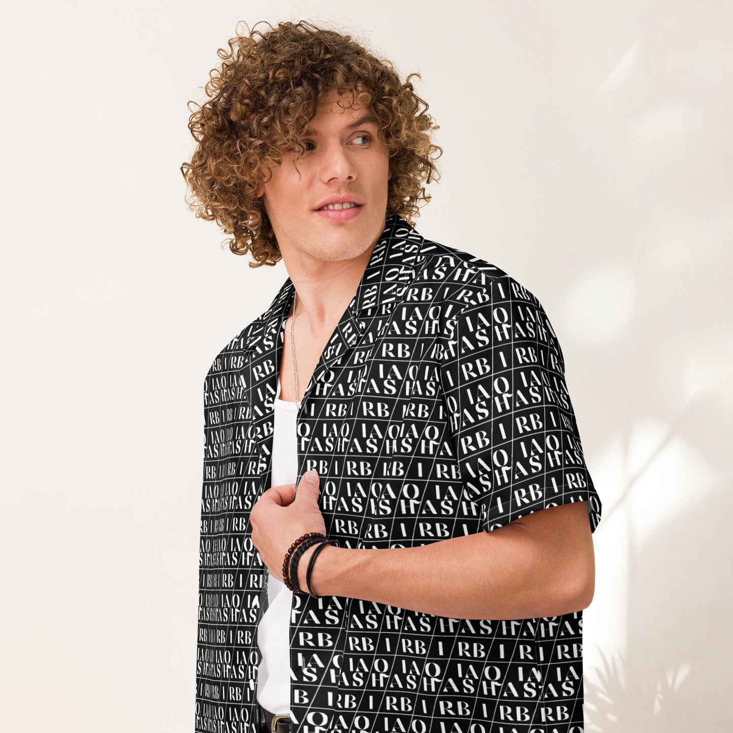 men # Shab Iraqi all-over printed black button shirt